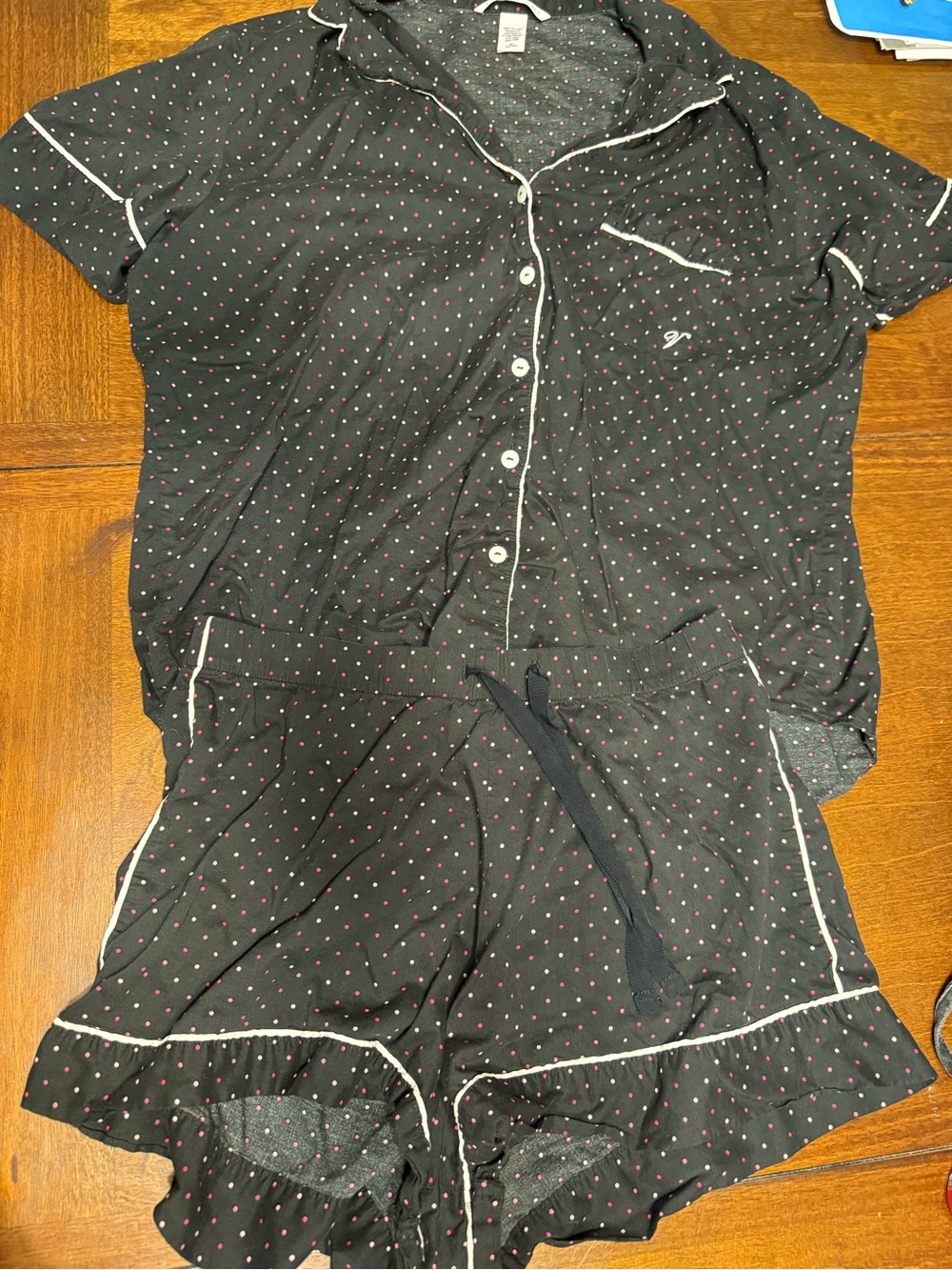 Victoria Secret Women Black Polka Dot Short Sleeve Sleep Shirt Set Pajamas M